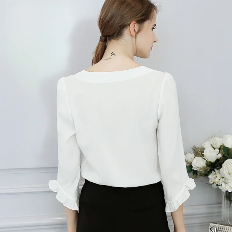 

Autumn OL Ruffles Sleeved Chiffon Blouse Women's Elegant Three Quarter Sleeve Solid Color Shirts Sweet Plus Size Loose Blouses