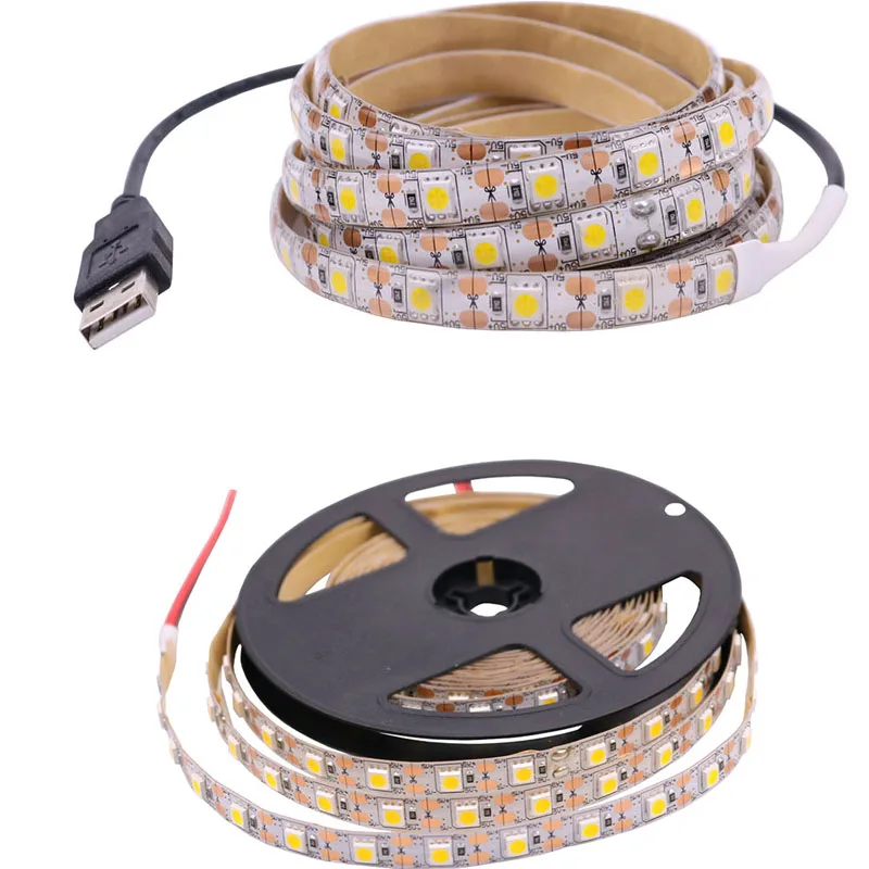 DC 5 Volt USB Interface LED Adhesive Tape SMD 5050 Strip Light Lamp 50CM 1M 2M 3M 4M 5M 60leds/m TV Desk Lights Warm white Red