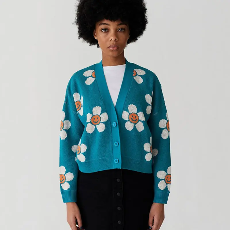 Милый улыбающийся цветок печати вязаный кардиган женщин 2019 осень v-образным