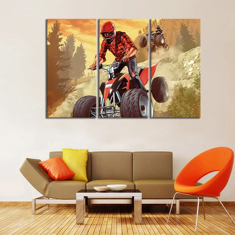 3 Pieces Video Game Poster Grand Theft Auto V Figure Motocross Wall Art Painting Home Decor Sticker Mural for | Дом и сад