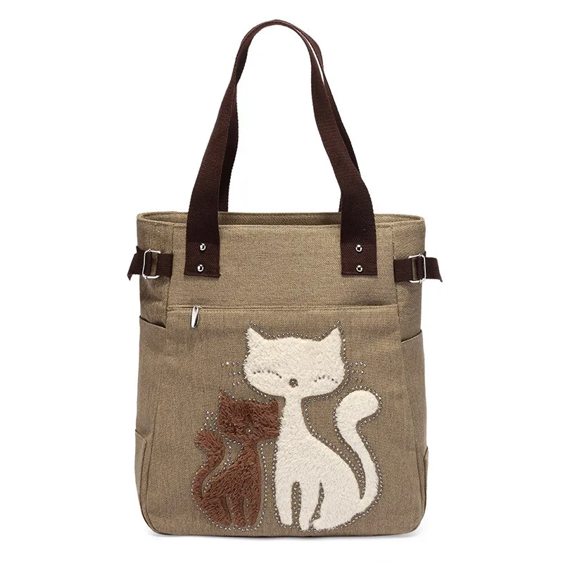 

Cute Cat Print Canvas Bag Women Flowers Handbags Large Capacity Female Shoulder Bags Single Shopping Bag Casual Beach Bag