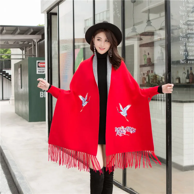 

New Women Scarf Shawl Embroider Red-crowned crane Warm Tassels Poncho With Sleeve Winter Scarf Cape For Women Thick Cloak