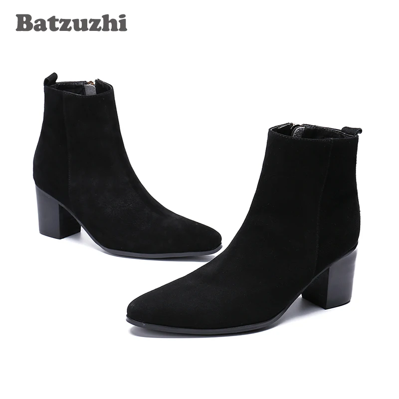 

Batzuzhi 7.5CM High Heels Ankle Black Suede Men Boots for Party & Bussiness Boots Men Fashion Chaussures Hommes, Big Sizes 38-46