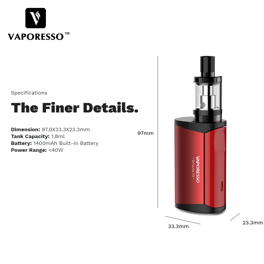 Vaporesso Drizzle Fit Starter Vape Kit 40 Вт коробка мод 1400 мАч встроенный аккумулятор с 1 8 мл бак и