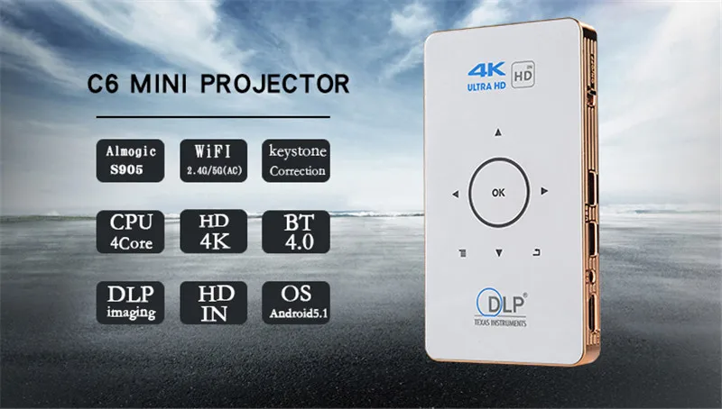 Карманный проектор 4k dlp mini C6 проектор 50 люмен Android 6,0 четырехъядерный двухдиапазонный wifi Bluetooth pico проектор