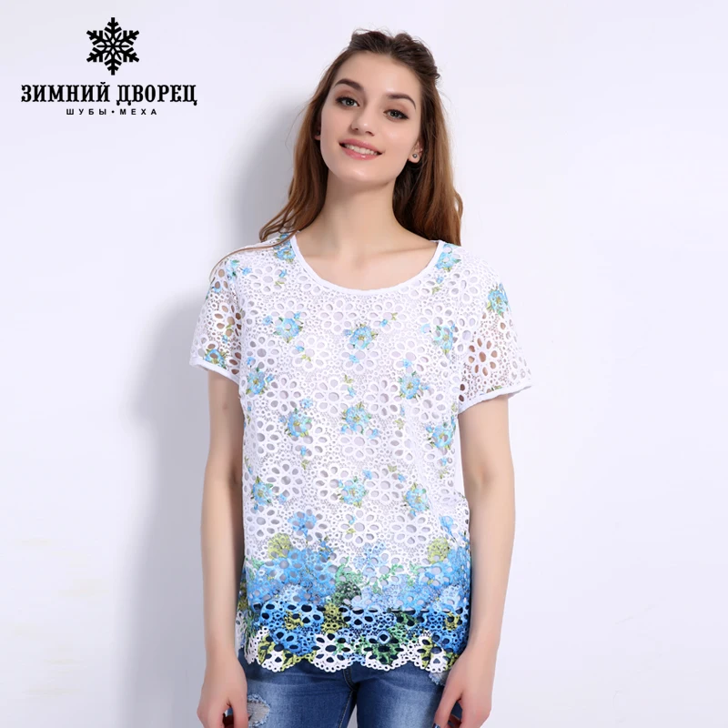2017 летние кружева принт футболка свободный большой размер женская O Шея