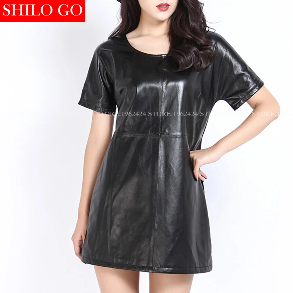 Plus size autumn winter fashion new women high quality sheepskin round neck short sleeve stitching black leather dress 3XL | Женская