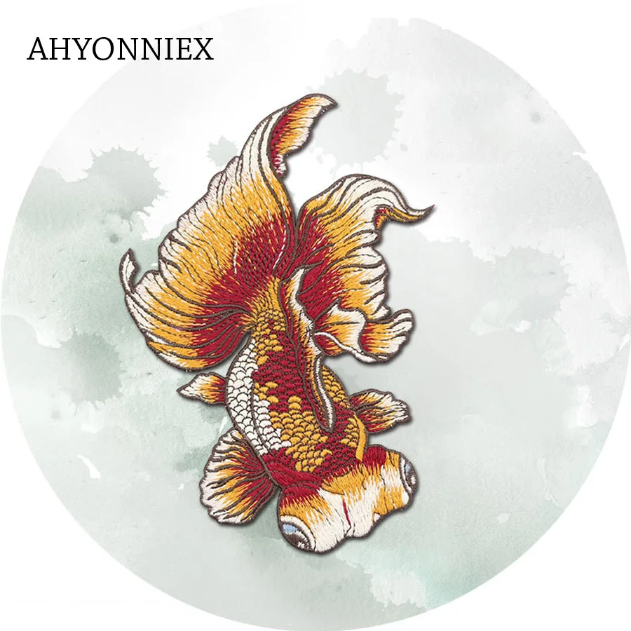 Большие черные вышитые патчи AHYONNIEX с рыбками японские стильные Швейные наклейки