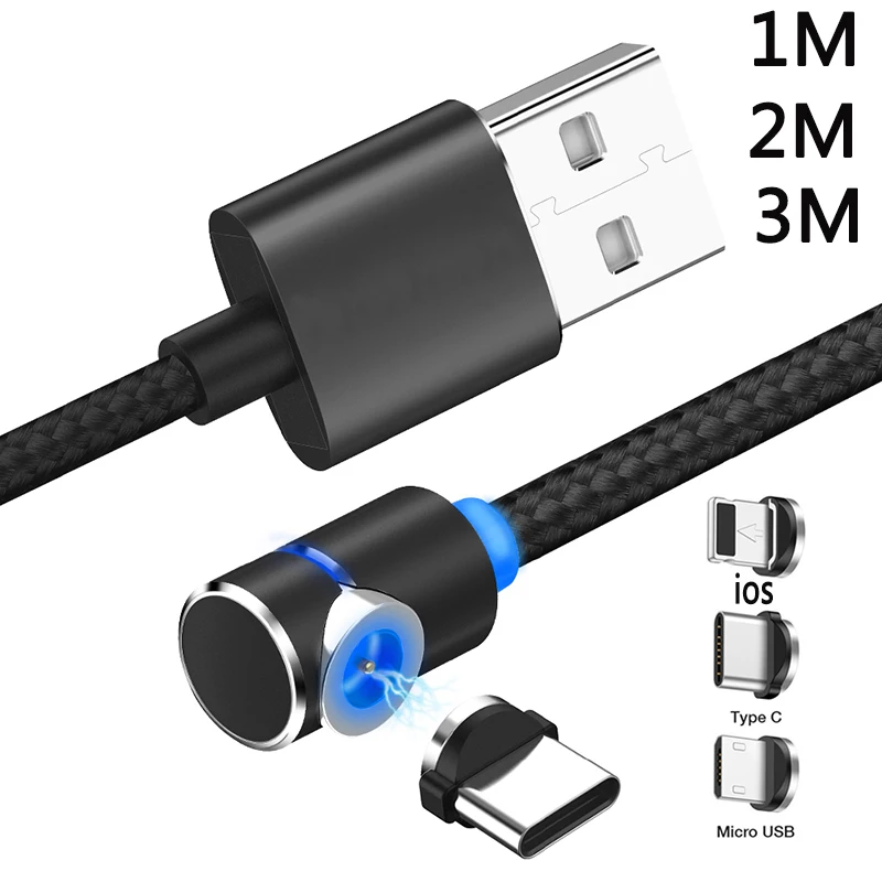 1 м 2 3 90 градусов L тип магнитного кабеля USB Type C/Micro USB/IOS нейлоновый Плетеный