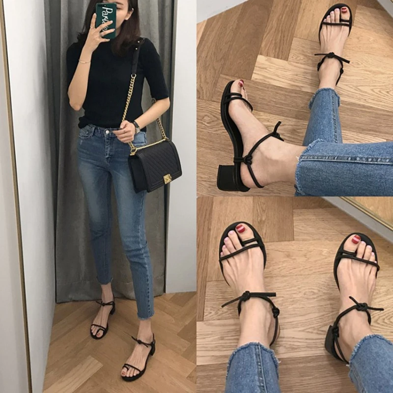 Женские в римском стиле сандалии с перекрестными ремешками на среднем каблуке