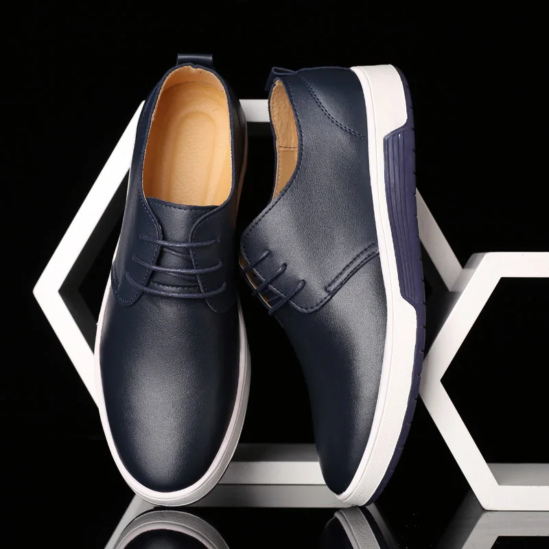 New 2019 Men Casual Leather Fashion Trendy Black Blue Yellow Shoes Summer Breathable Lace-Up Big Size 38-48 Free Shipping | Обувь