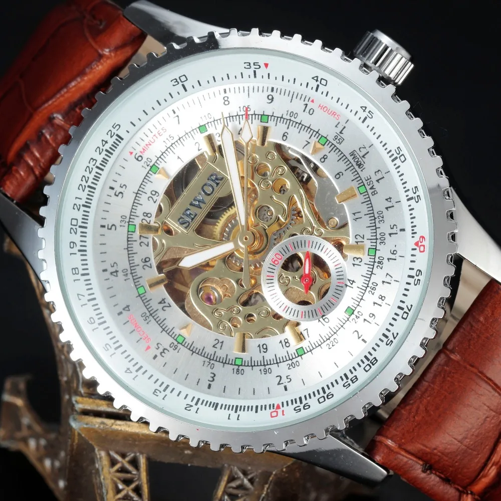 Мужские механические часы-скелетоны в стиле ретро с кожаным ремешком | Наручные