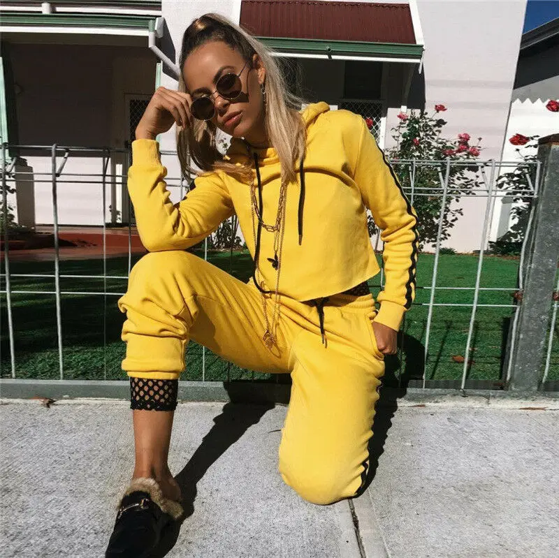 

Hirigin Women Casaul 2Pcs Tracksuit Long Sleeve Striped Crop Hoodies Sweatshirt Pockets Pants Sets Wear Suits