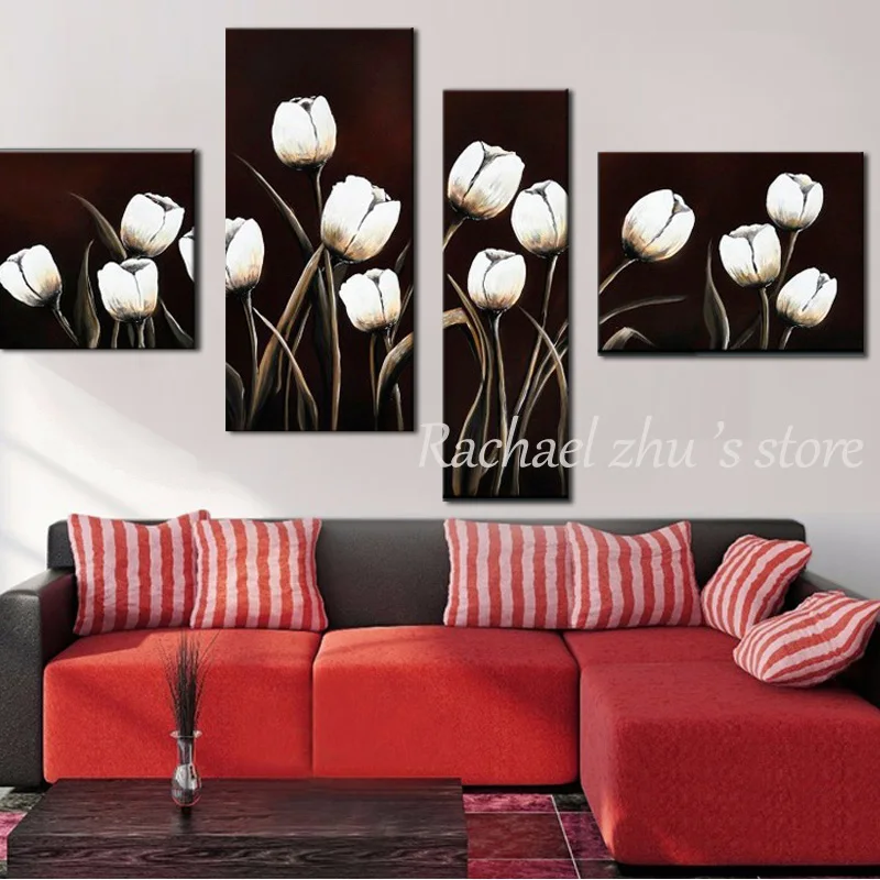 

Hand Painted Abstract Four Panles White Tulip Flower Oil Painting On Canvas Abstract Flower Wall Pictures Living Room Home Decor
