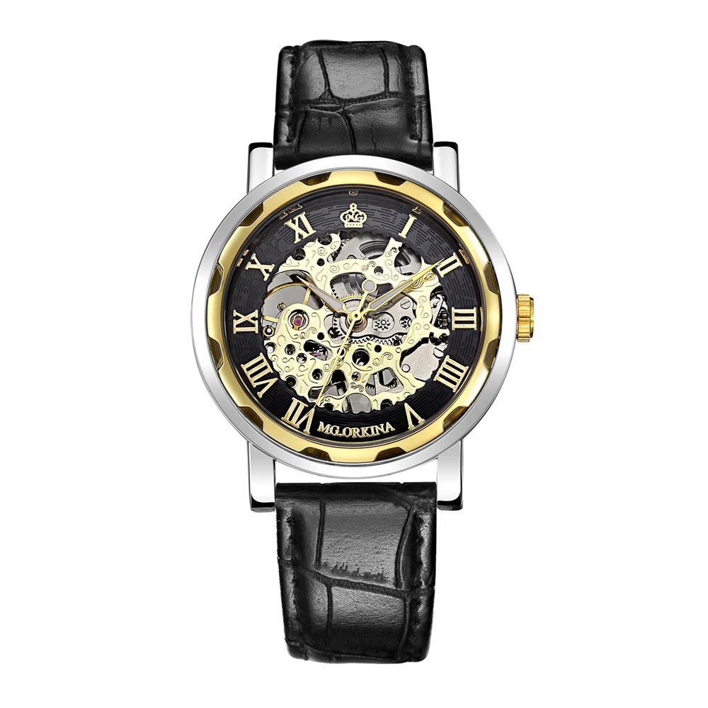 Мужские наручные часы с кожаным ремешком роскошные золотые механические в стиле