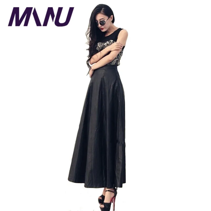 Женские длинные юбки из искусственной кожи однотонная черная юбка трапеция в пол