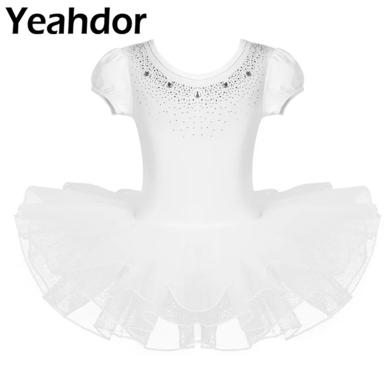 Детское Сетчатое балетное платье с короткими рукавами и блестящими стразами для