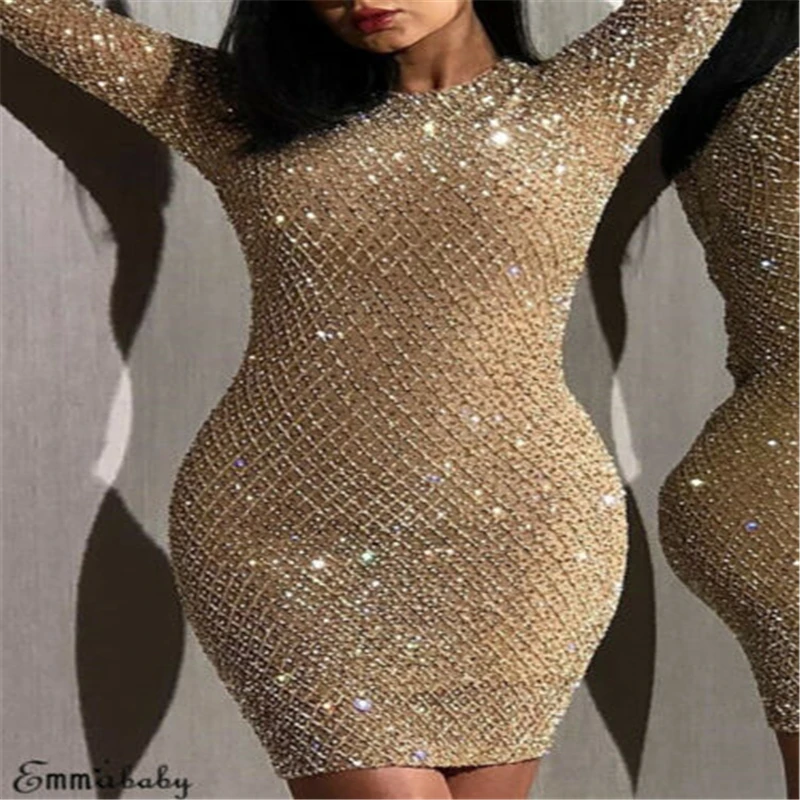 Женское вечернее платье с блестками Золотое короткое карандаш длинным рукавом и