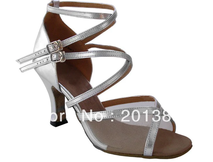 Серебряные кожаные сетчатые бальные туфли с перекрестными ремешками костюм для