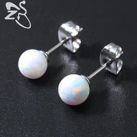 zs 1 pair 6mm white opal ball stud earrings for women fire opal stud earring 316l stainless steel earrings opal jewelry gifts