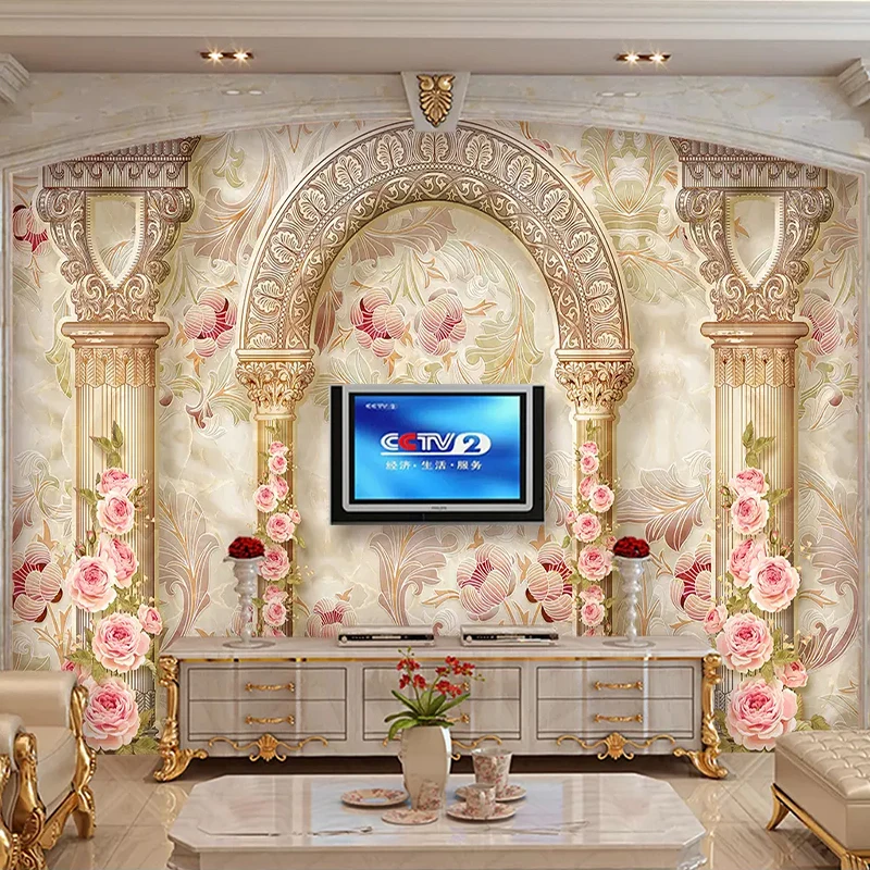 

European Style 3D Marble Pattern Roman Column Flower Photo Mural Wallpaper Living Room TV Sofa Home Deocr Fresco Wall Stickers