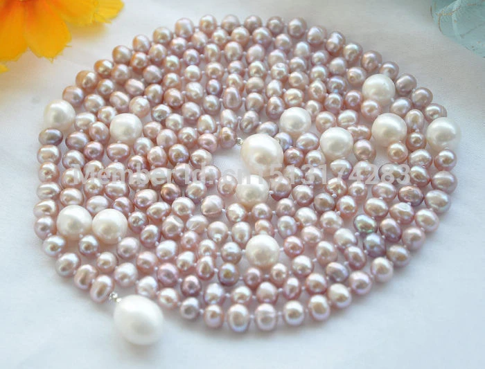 

FREE SHIPPING>>>65" 14mm lavender round white drip freshwater pearl necklace