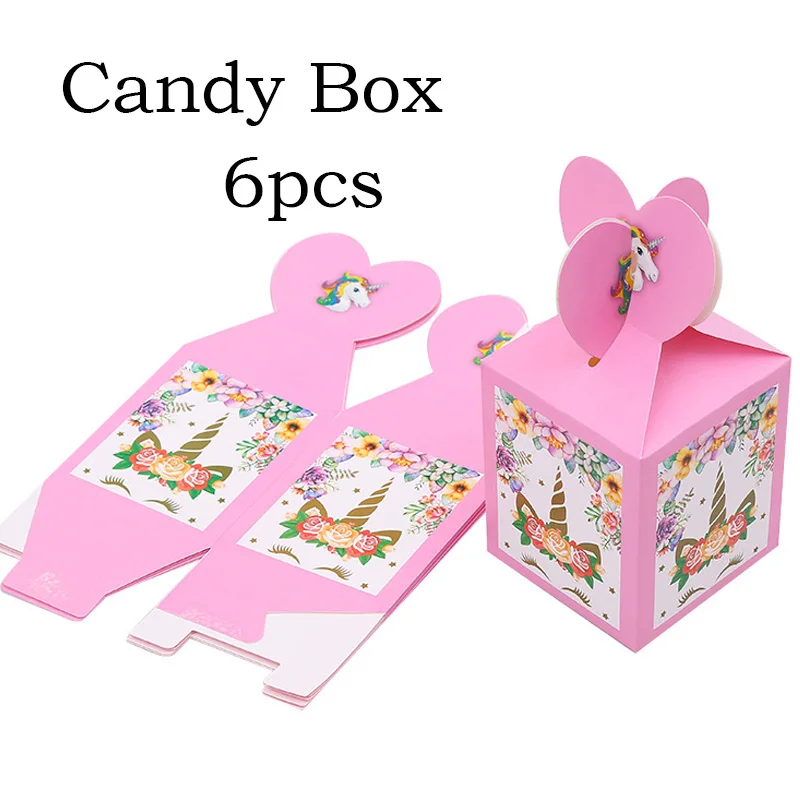 6pcs candy box Розовый Единорог вечерние украшения для девочек на день рождения латексные шары Единорог посуда бумажная шляпа салфетки тарелка скатерть с днем рождения подарок - Цвет: 6pcs candy box