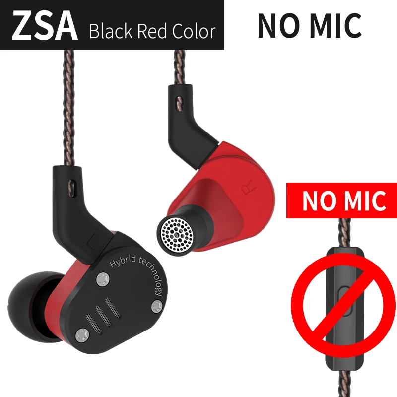 black no mic Новинка KZ ZSA наушники арматурные и динамические гибридные в ухо HIFI бас DJ Спорт Монитор гарнитура наушники шумоподавление наушник - Цвет: black no mic