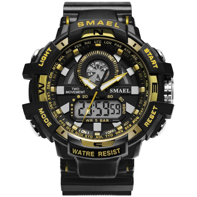 Black Golden SMAEL, мужские военные часы, светодиодный, кварцевые часы, спортивные часы для мужчин, двойной дисплей, наручные часы, relogios masculino, 30 м, водонепроницаемые - Цвет: Black Golden