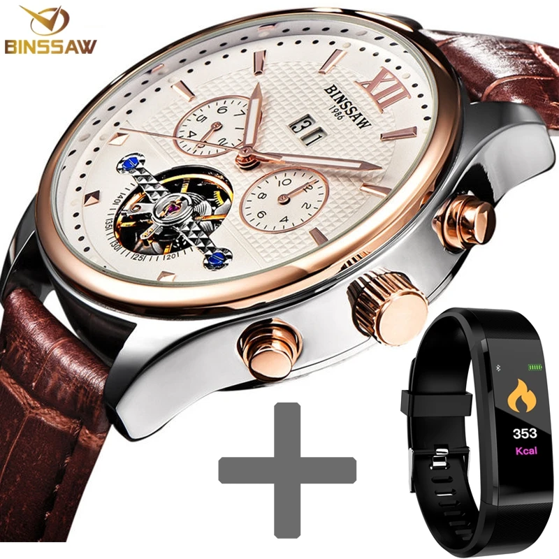 BINSSAW Модные Военные автоматические механические часы мужские Tourbillon кожаные с