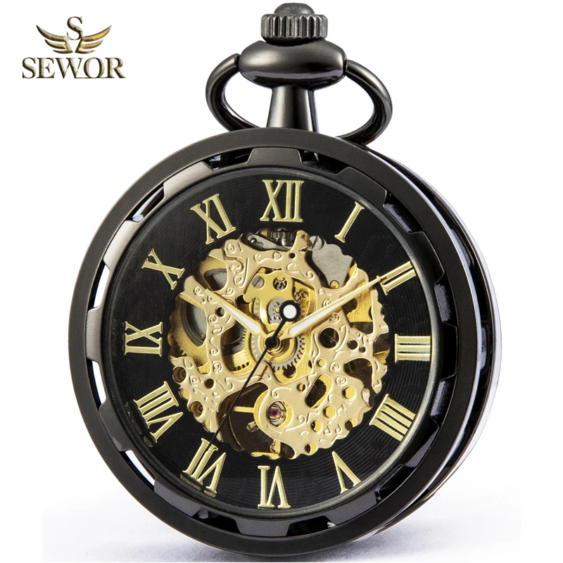 

SEWOR Mens Watches Luxury Brand New Fashion Black Golden Skeleton Manual Sport Mechanical Pocket Watch Gift Мужские часы C265