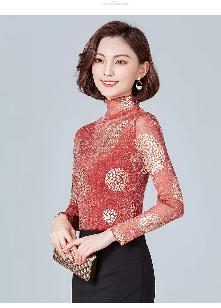 Moda Jihan, женские рубашки, блестящая сетка, кружева, звезды, длинные рукава, Топы И Футболки с внутренней одеждой, тянущаяся рубашка, оборки, обрезка, Топ