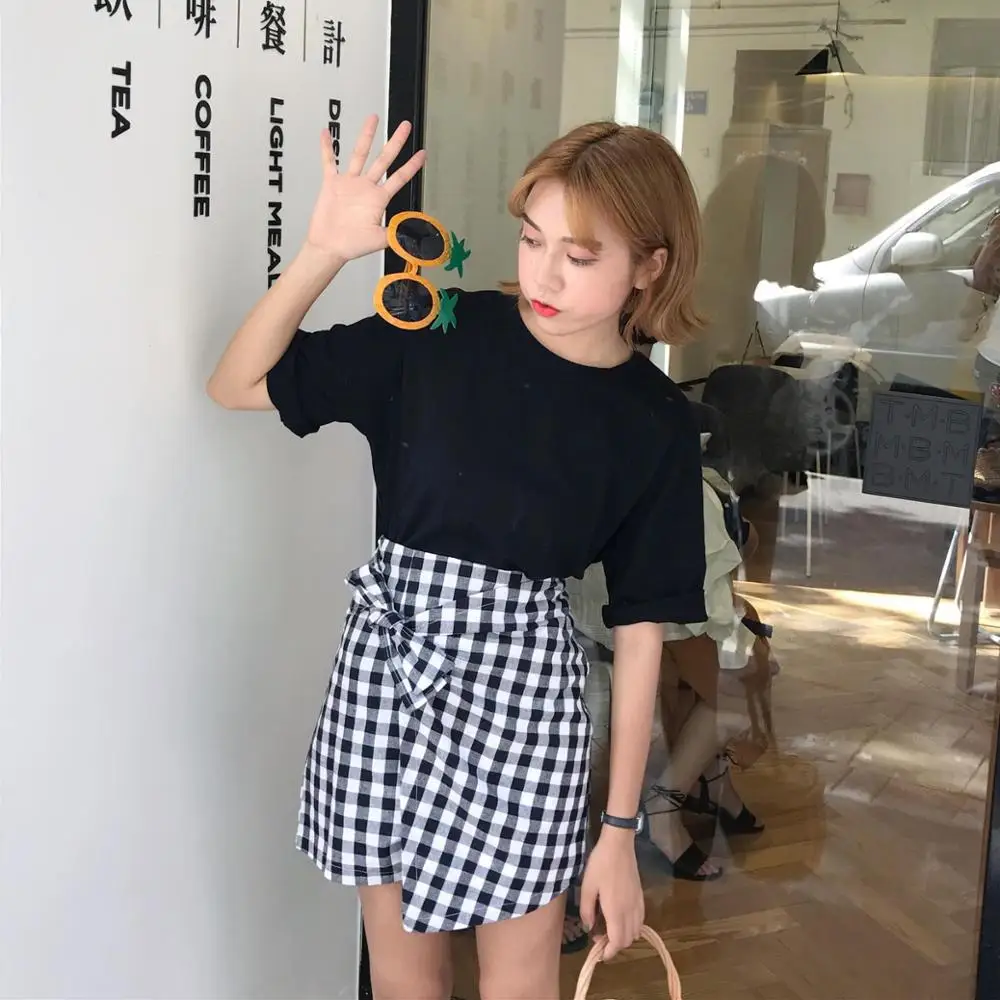 2017 Новая уникальная хлопковая черно-белая юбка в клетку с узлом и высокой талией