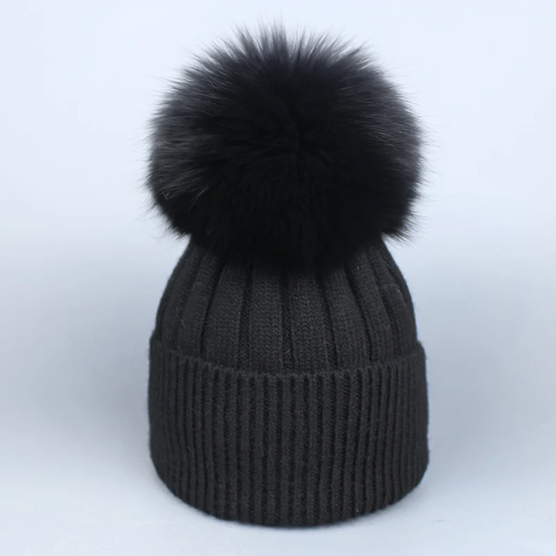 Реальный лисий мех помпон шляпа взрослый ребенок шапочки Top Hat Кепки с натуральным лисьим мехом детская зимняя Лыжная Шапка Балаклава маска для лица - Цвет: Black 1 Balls