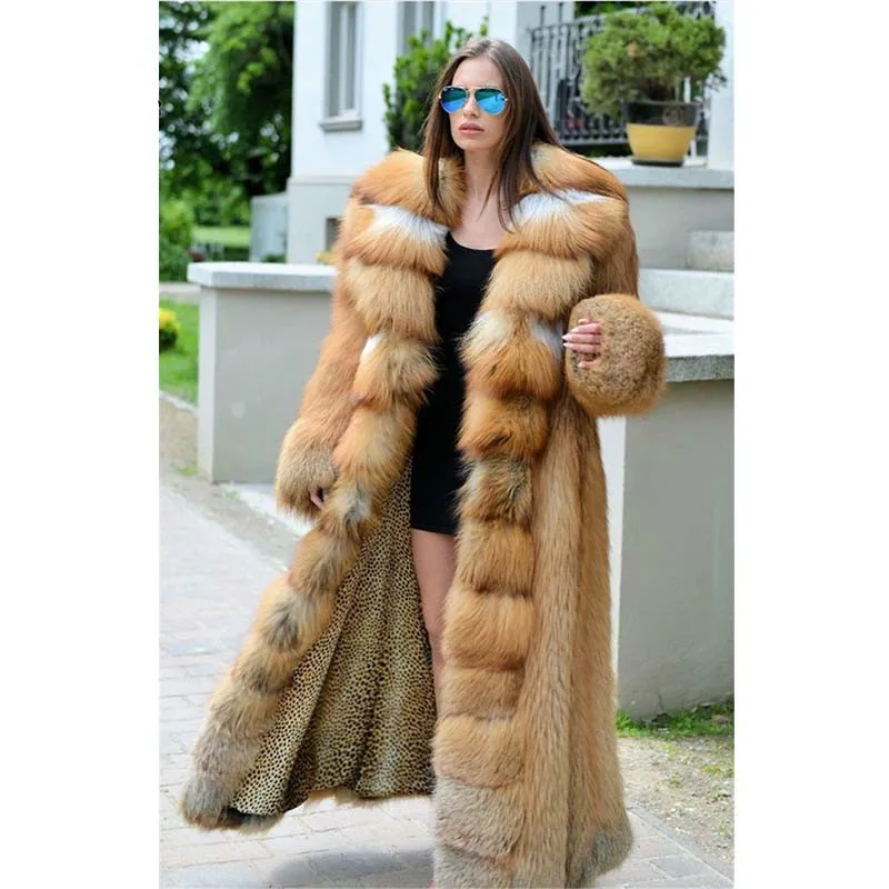 

Women Winter Real Red Fox Fur Coat 120CM Long Luxury For Female Red Fox Fur Jacket With Big Turn-down Collar Thick Warm Fur Coat