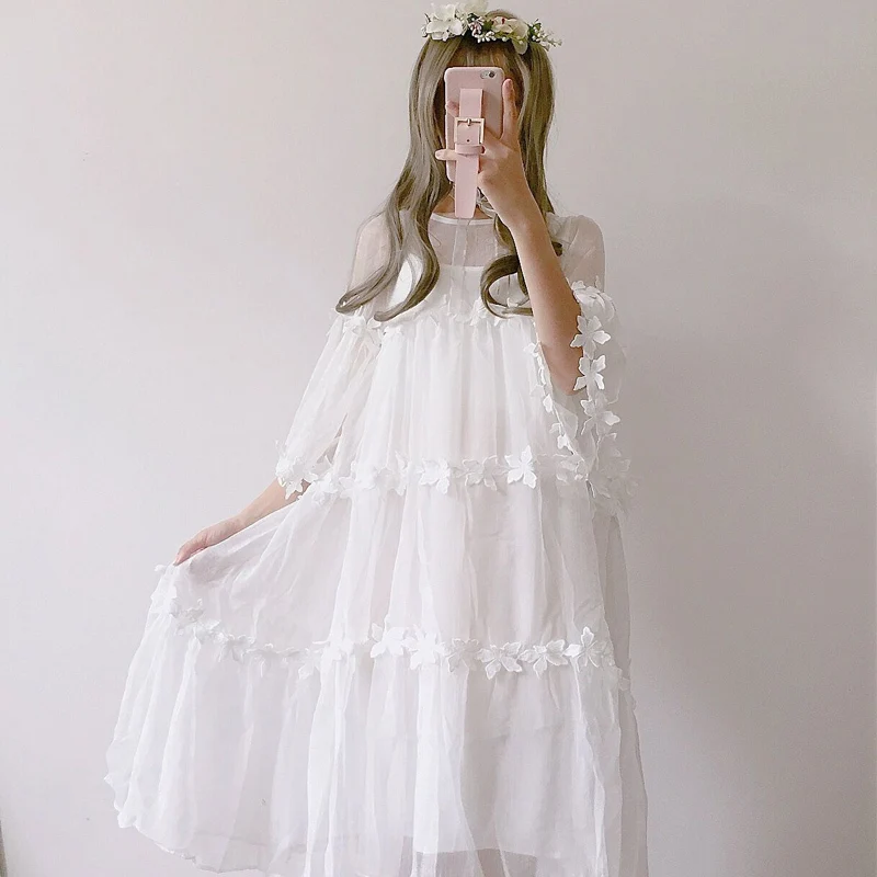 

Spring and summer new women's Korean version of the lace mesh princess dress long fairy dress + harness dress 2 Pcs Suit