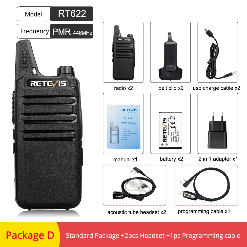 PMR RT622-Package D 2 шт. Retevis RT622 RT22 мини рация PMR радио PMR446 FRS UHF двухстороннее радио портативный VOX usb зарядка портативный приемопередатчик - Цвет: PMR RT622-Package D