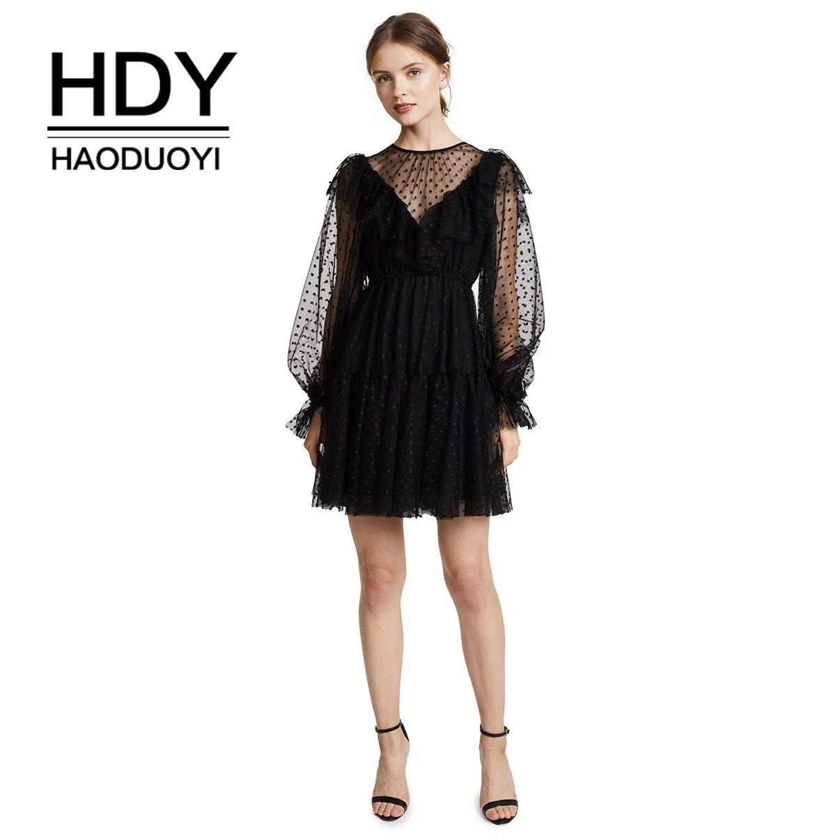 HDY Haoduoyi 2019 Черное милое платье из шифона в горошек с рюшами Шифоновое мини длинным