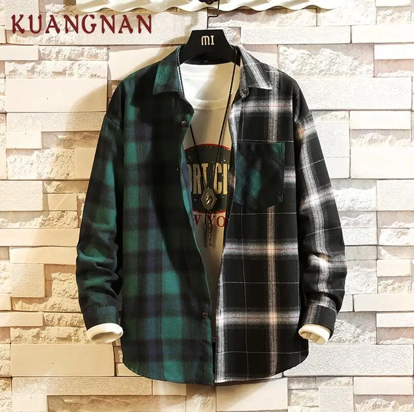 KUANGNAN, японский стиль, красная Лоскутная рубашка, Мужская Уличная одежда, мужские рубашки, повседневные облегающие корейские мужские рубашки с длинным рукавом, весна, новинка - Цвет: Green