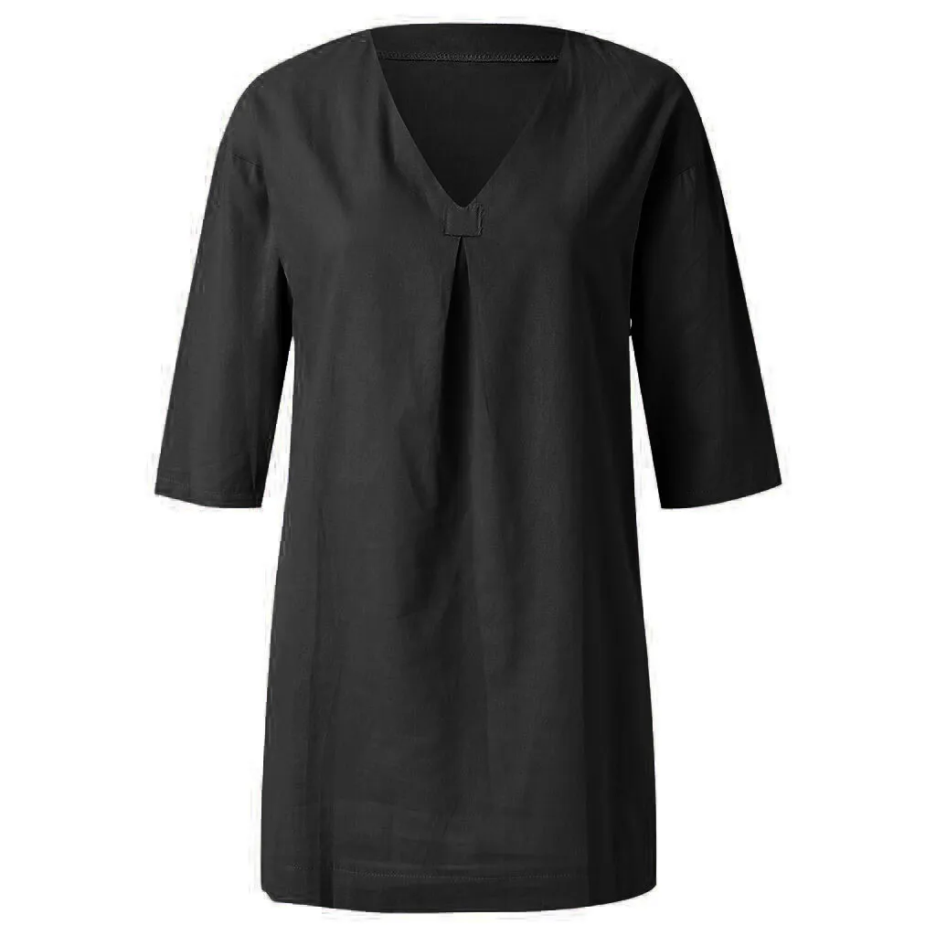 Женское свободное платье CHAMSGEND Повседневное чистого цвета с v-образным вырезом и