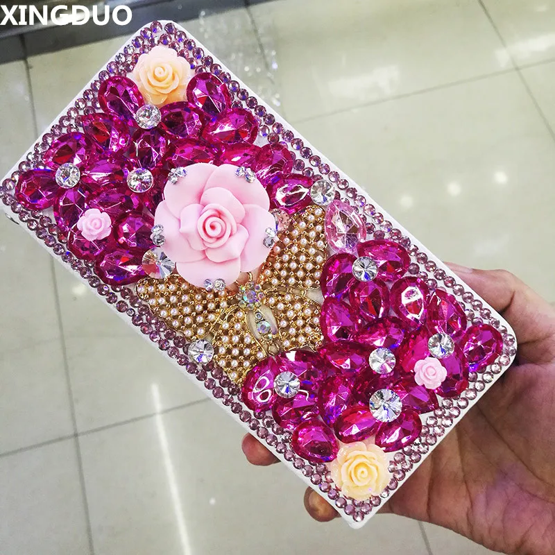 XINGDUO 3D кожаный чехол бумажник с цветком бабочки кристаллами и бриллиантами для