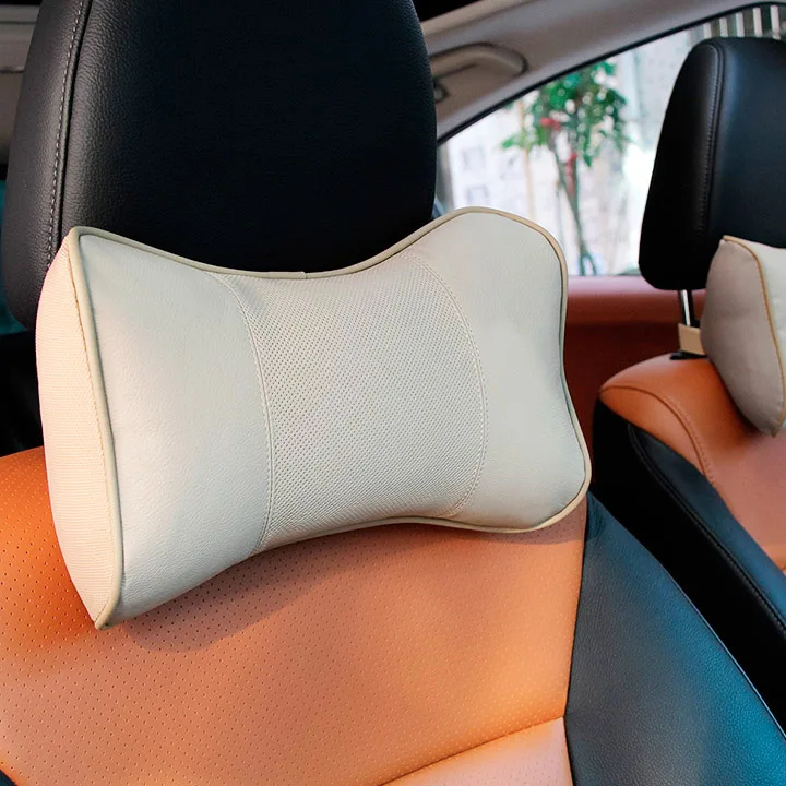 Beige pillow Высококачественная Автомобильная подушка из натуральной кожи с эффектом памяти, подголовник для шеи, подголовник, подушка для поясницы, подушка для поддержки, черный, коричневый, бежевый - Цвет: Beige pillow