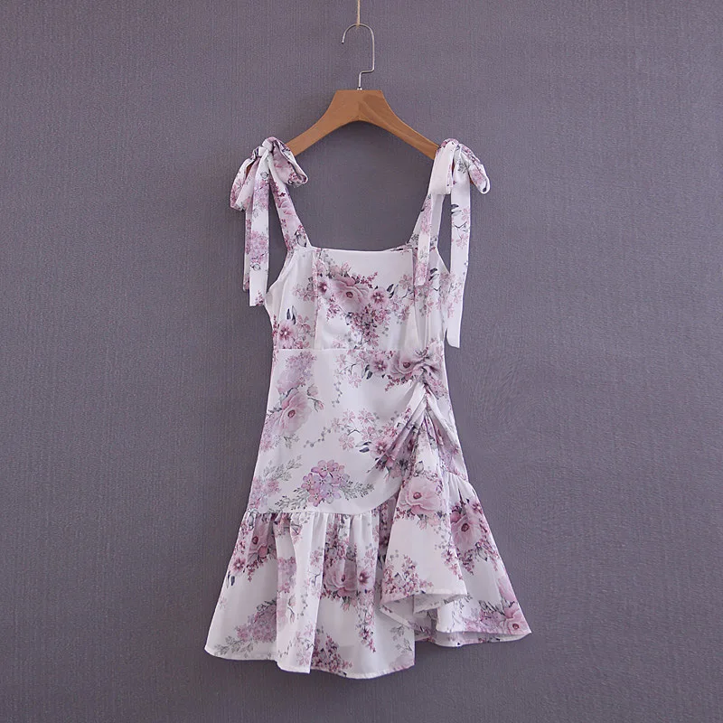 Сексуальное платье с бантом и рюшами летнее женское пляжное цветочным принтом