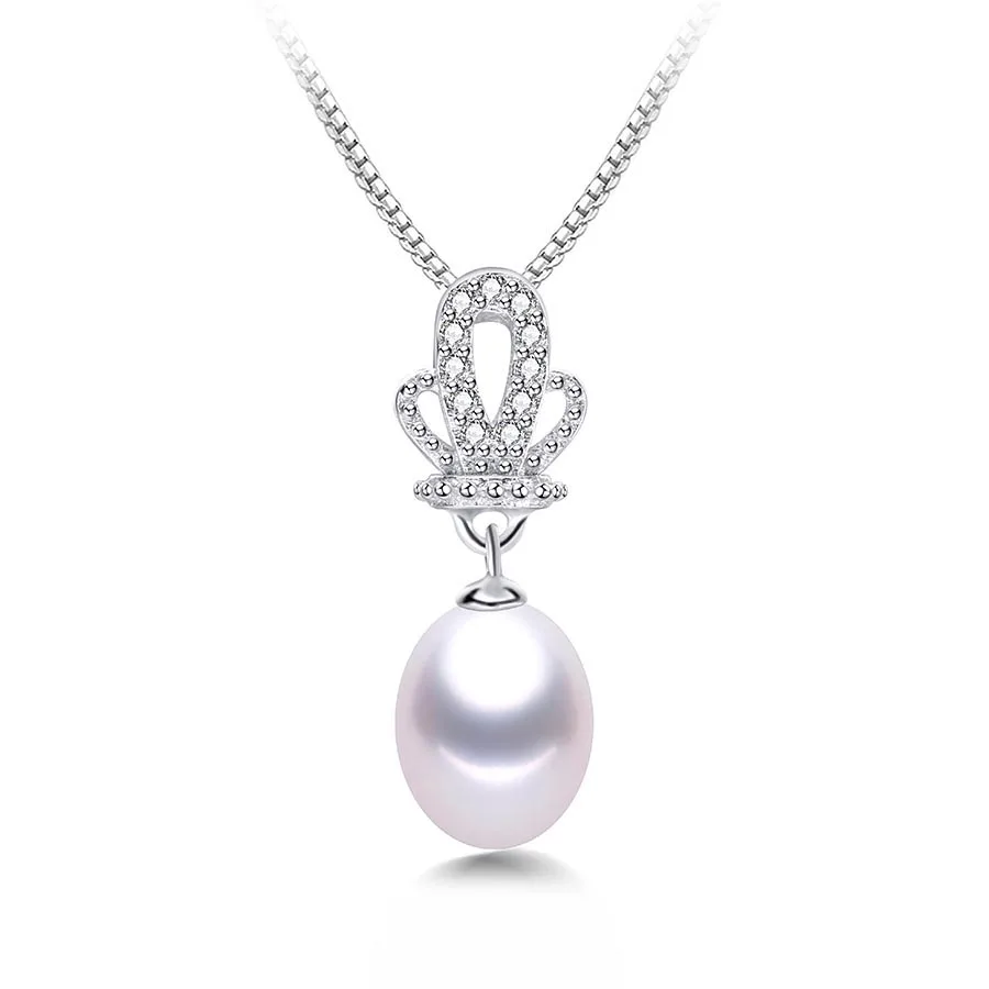 white pearl Высокое качество натуральный пресноводный белый жемчуг кулон ожерелье Женская мода 925 пробы Серебряная корона Циркон ювелирные изделия 45 см - Цвет камня: white pearl