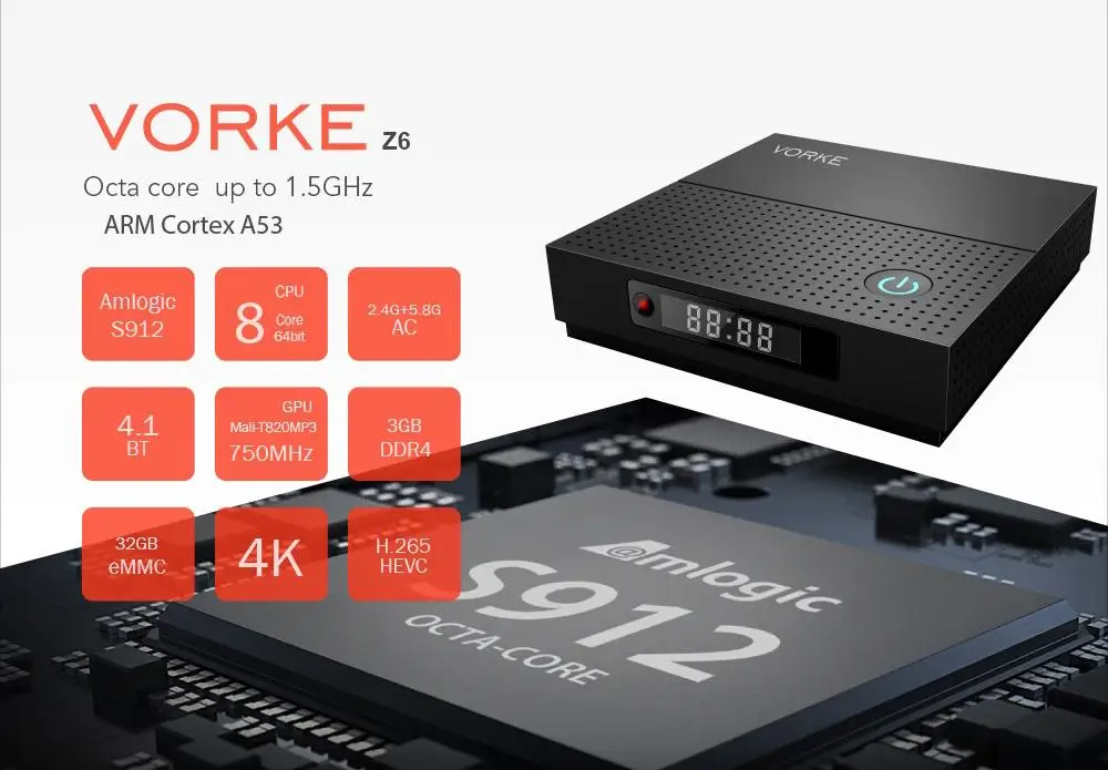 VORKE Z6 Android 7.1.2 Smart tv BOX Amlogic S912 4K tv BOX 3GB DDR4 32GB eMMC5.0 AC wifi 1000M Bluetooth 4,1
