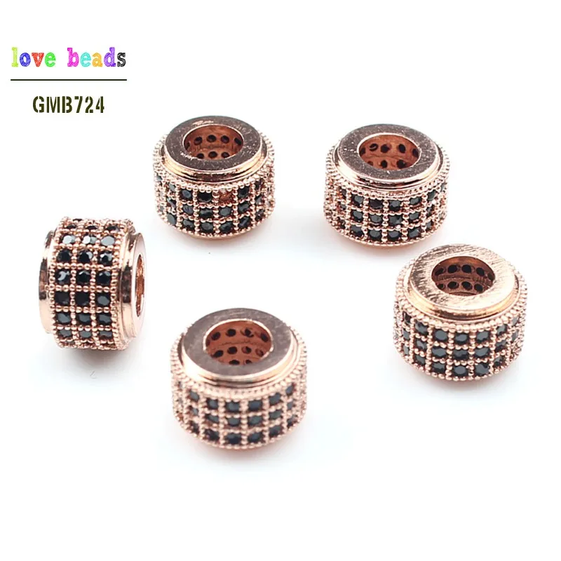 black rose gold 6*9 мм CZ базовый разделитель бусины микро проложить колонну циркония DIY Металлические медные бусины-спейсеры для мужчин бисерные браслеты изготовление 3 шт./лот - Цвет: black rose gold