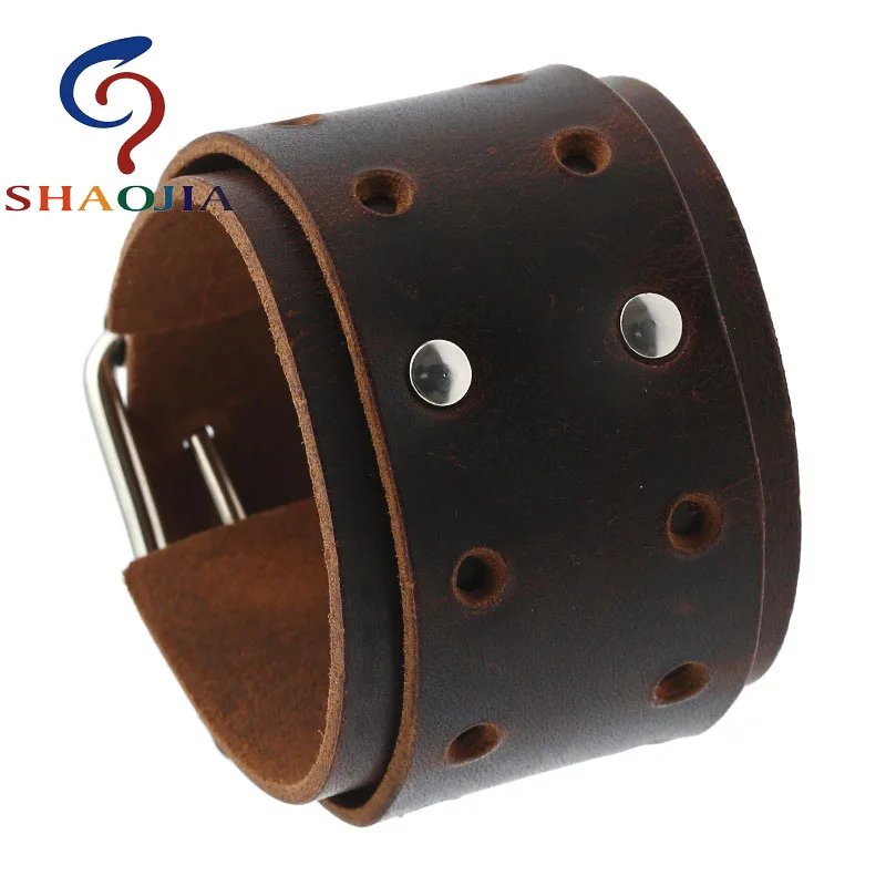 Широкий кожаный браслет SHAOJIA в стиле унисекс регулируемый панк из нержавеющей