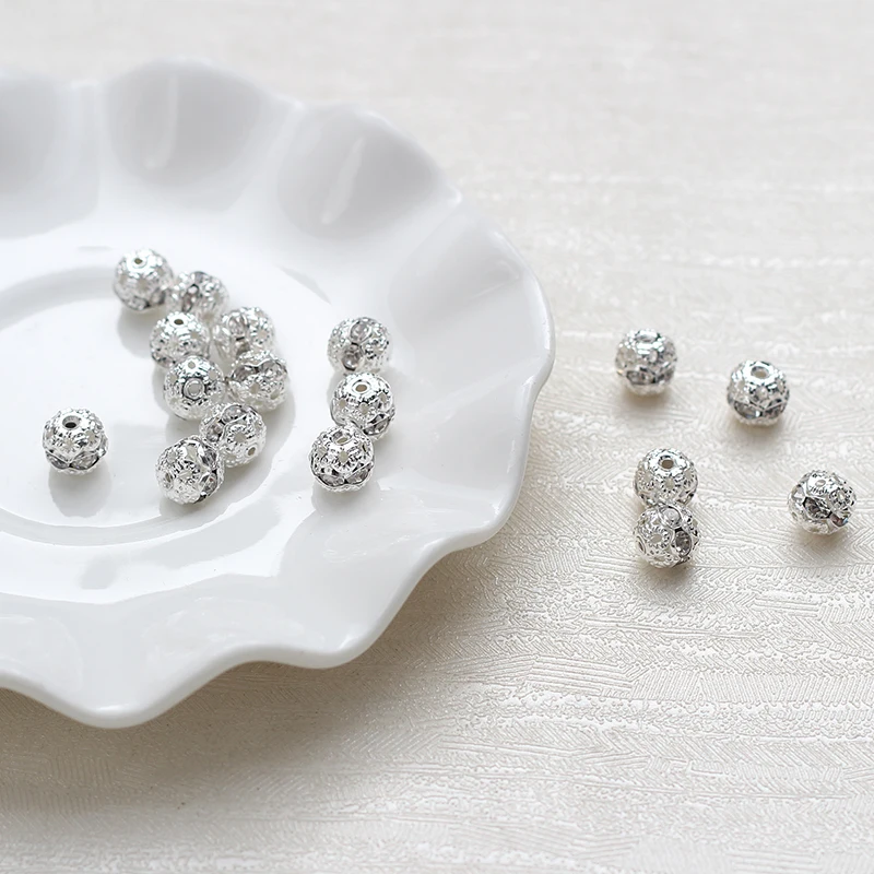 100pcs/lot 8MM silver plated Crystal Spacer Loose Beads Silver Plated Pave Metal Balls beads | Украшения и аксессуары