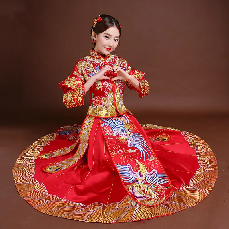Женское традиционное свадебное платье Qipao красное невесты с вышивкой Феникса в
