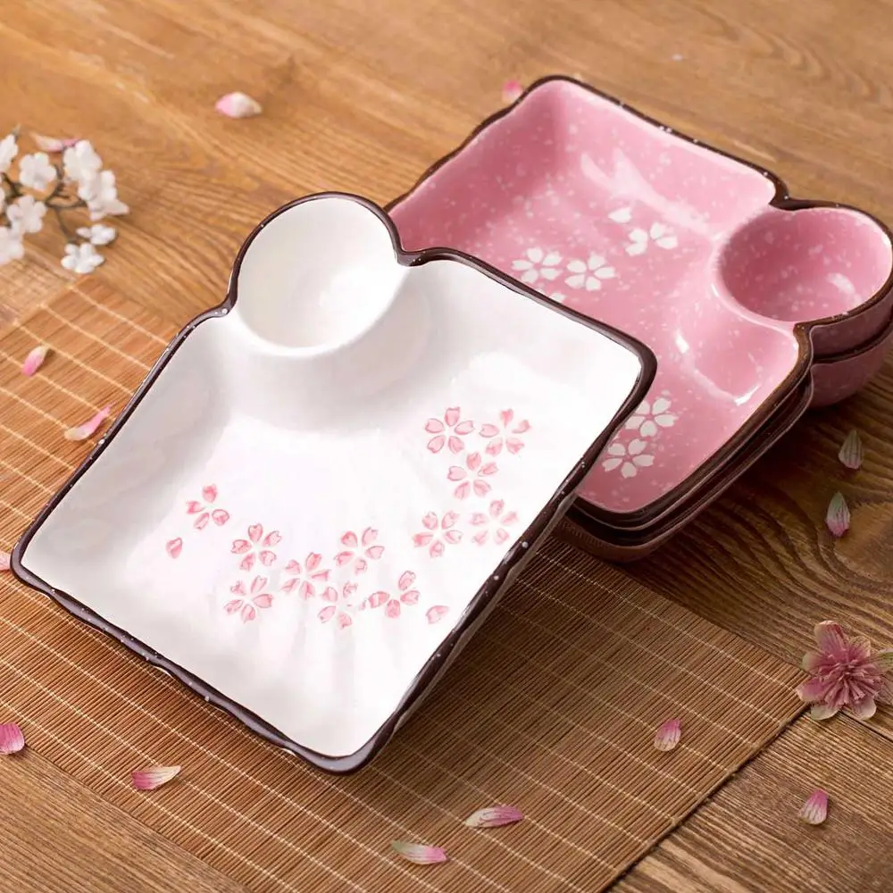 Cherry Blossom Ceramic Dumpling Plate With Vinegar Dish Creative Japan Tableware Dinner Plate Breakfast Small Dish Fruit Plate